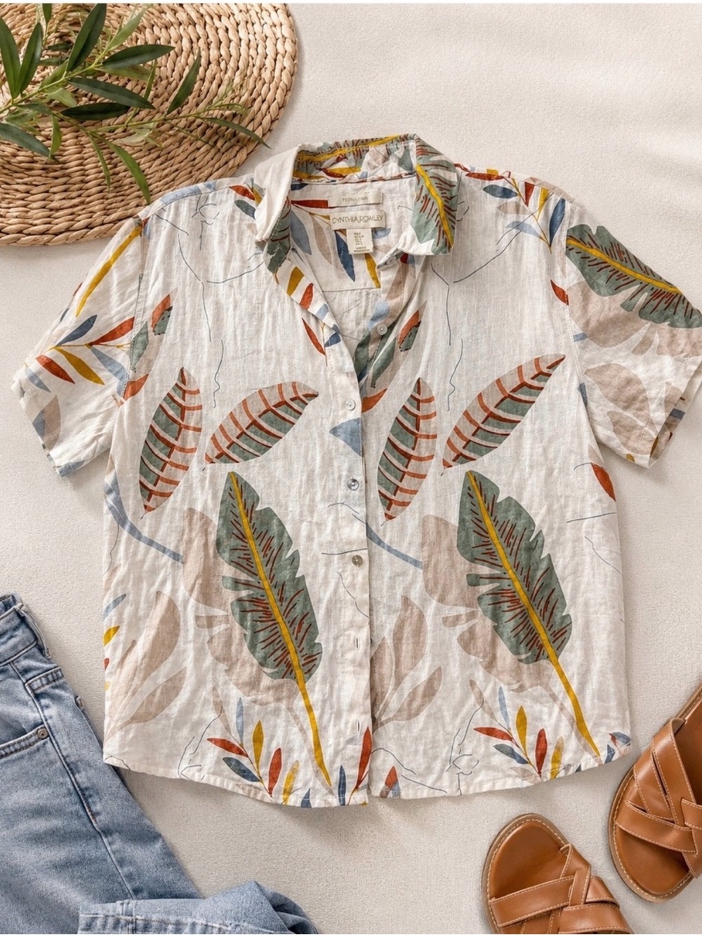 Cynthia Rowley Linen Tropical Button-Up Blouse - Multi Leaf Print